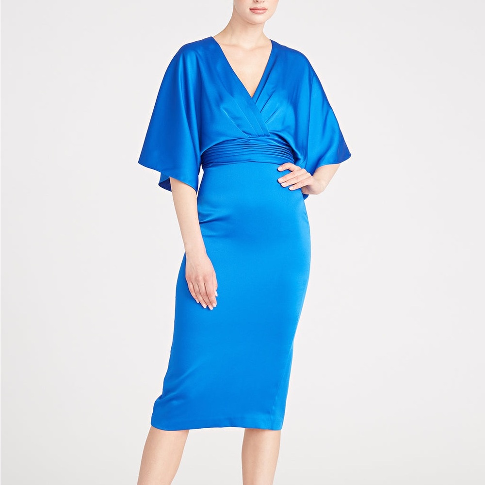 $595 NWT Theia Kimono Satin Cocktail Midi Dress in Vivid Blue Sz 2